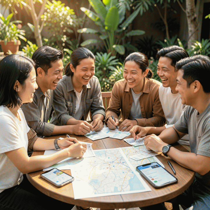 Kelompok teman Indonesia yang sedang merencanakan perjalanan secara kolaboratif dengan menggunakan aplikasi digital planner di meja luar ruangan, menunjukkan suasana bahagia dan terorganisir.