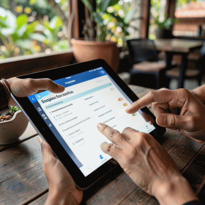 Tangan-tangan yang sedang berkolaborasi memeriksa pelacak anggaran grup di tablet, menunjukkan manajemen keuangan perjalanan yang transparan.