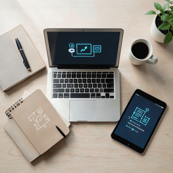 Tata letak meja kerja seorang kreator digital profesional yang rapi dan modern, menunjukkan berbagai alat untuk menghasilkan konten dan bisnis.