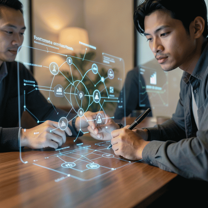Seorang founder Indonesia sedang berkolaborasi dengan antarmuka AI holografik untuk merancang model bisnis digital.