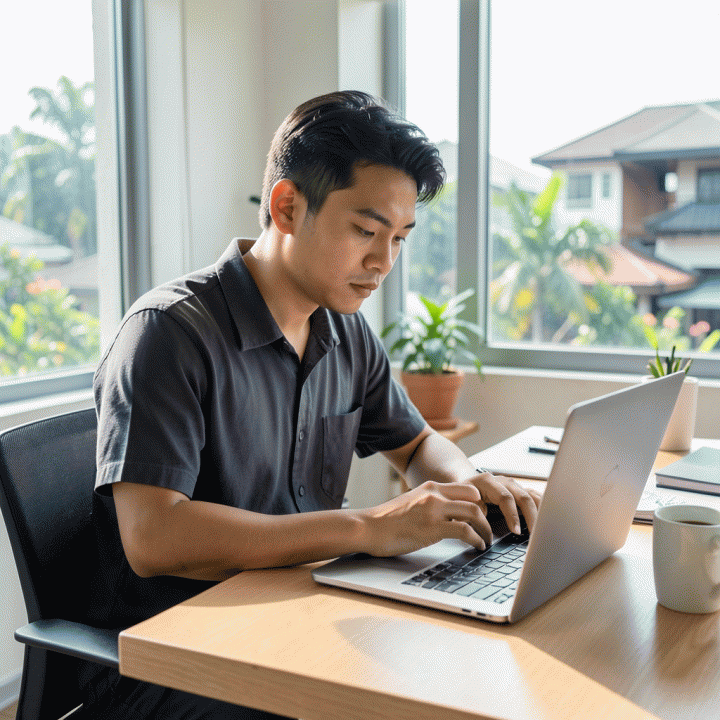 Seorang profesional muda Indonesia yang fokus dan tenang di meja kerja yang bersih, sedang merencanakan strategi dengan laptop, melambangkan peningkatan produktivitas.