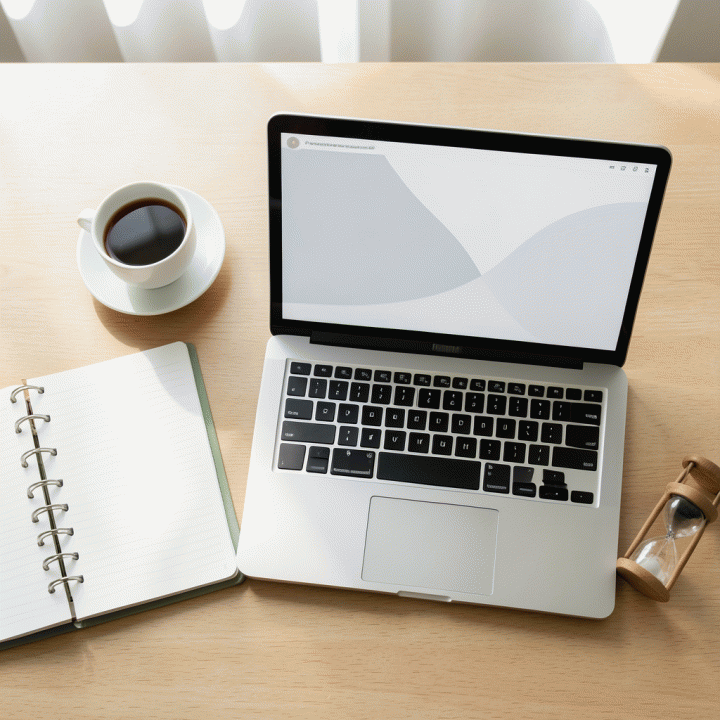 Tampilan atas meja kerja yang sangat terorganisir dengan planner, kopi, dan laptop, melambangkan manajemen waktu dan fokus.