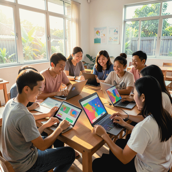 Siswa Indonesia yang bersemangat dan aktif belajar menggunakan teknologi interaktif di dalam kelas modern.