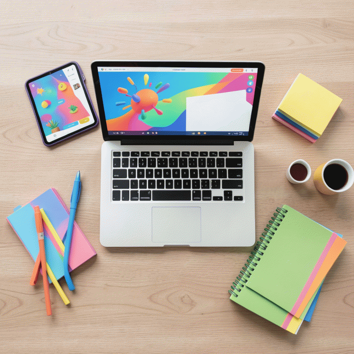 Perlengkapan belajar modern seperti tablet dan laptop yang siap digunakan untuk membuat materi ajar interaktif.
