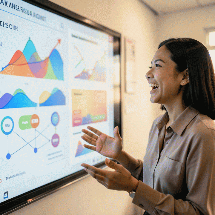 Guru tersenyum saat menggunakan smartboard interaktif yang menampilkan materi pembelajaran yang menarik.