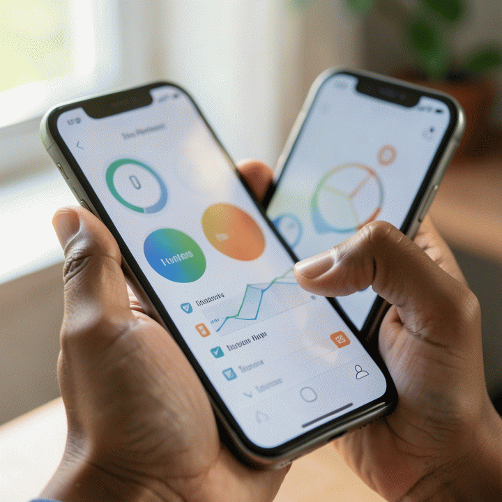 Tangan seseorang yang sedang melihat atau berinteraksi dengan aplikasi planner di smartphone Android di pagi hari untuk mengatur rutinitas dan kebiasaan harian.
