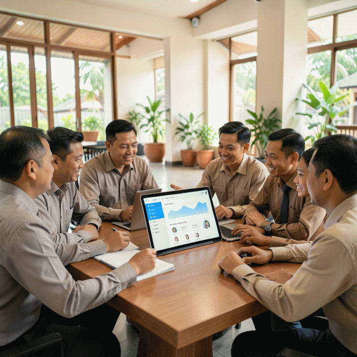 Pengurus komunitas modern Indonesia berdiskusi dan mengelola data administrasi lingkungan menggunakan tablet digital di ruang pertemuan yang cerah.
