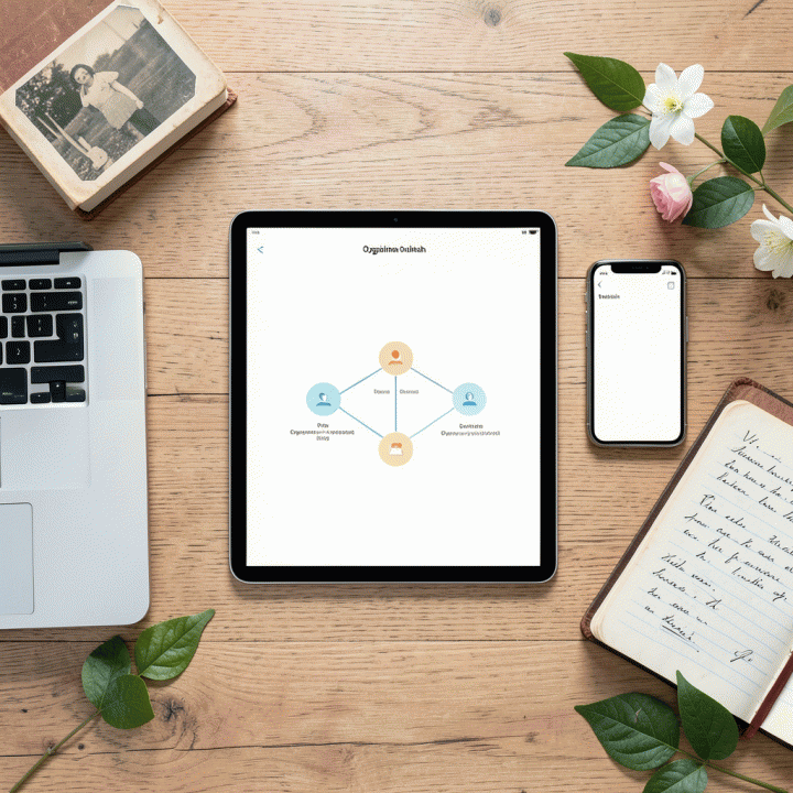 Komposisi flat lay dari berbagai perangkat digital modern dan benda kenangan (album foto, jurnal) yang menunjukkan perencanaan warisan keluarga digital.