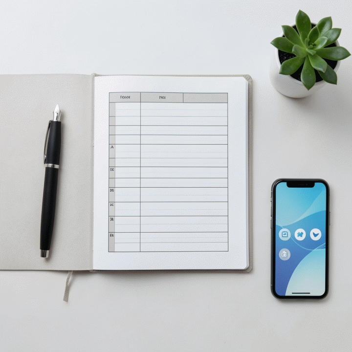 Foto flat lay peralatan produktivitas seperti buku catatan dan pena di atas meja bersih, menunjukkan kesiapan dan perencanaan kerja yang terorganisir.