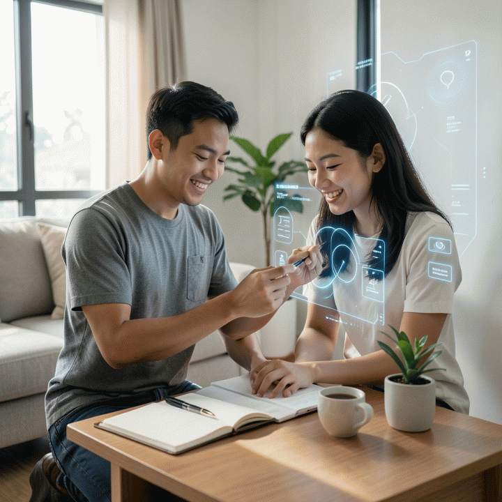 Seorang profesional muda Indonesia yang tampak sukses dan termotivasi, sedang meninjau dan mencentang kebiasaan positifnya pada dasbor digital interaktif di rumah modern, melambangkan konsistensi dalam pembangunan diri.