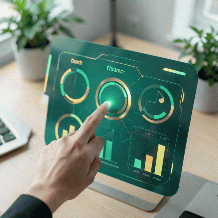 Jarak pandang atas tangan yang berinteraksi dengan antarmuka aplikasi digital abstrak untuk mencatat penyelesaian kebiasaan positif, melambangkan kemajuan dan konsistensi.