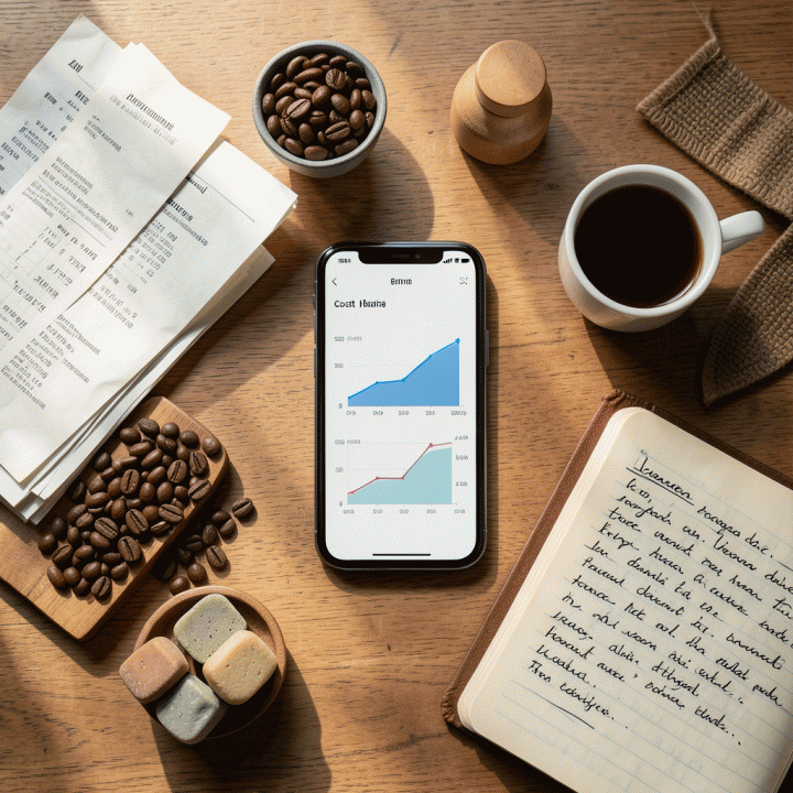 Overhead shot flat lay yang menunjukkan peralatan bisnis UMKM dan smartphone dengan aplikasi kalkulator keuangan di atas meja kerja, melambangkan perencanaan bisnis yang akurat.