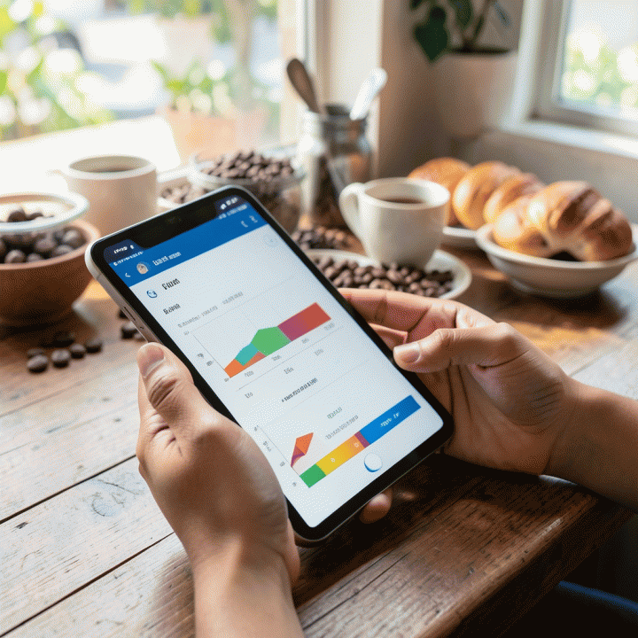 Tangan pengguna sedang menggunakan aplikasi di tablet untuk menghitung biaya dan profit margin bisnis F&amp;B dengan mudah di kafe.