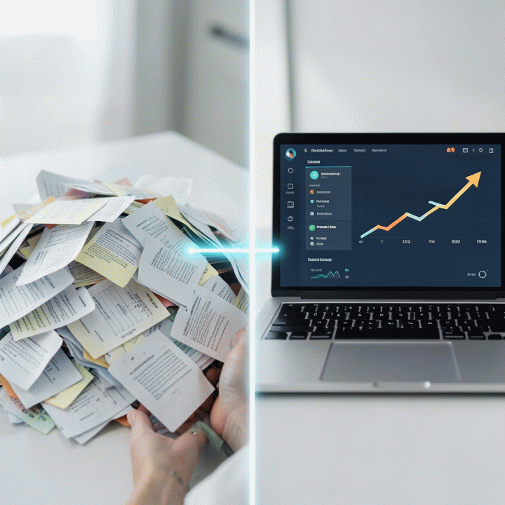 Perbandingan antara pengelolaan biaya yang berantakan dengan penggunaan kalkulator digital yang rapi, menunjukkan peningkatan keuntungan.