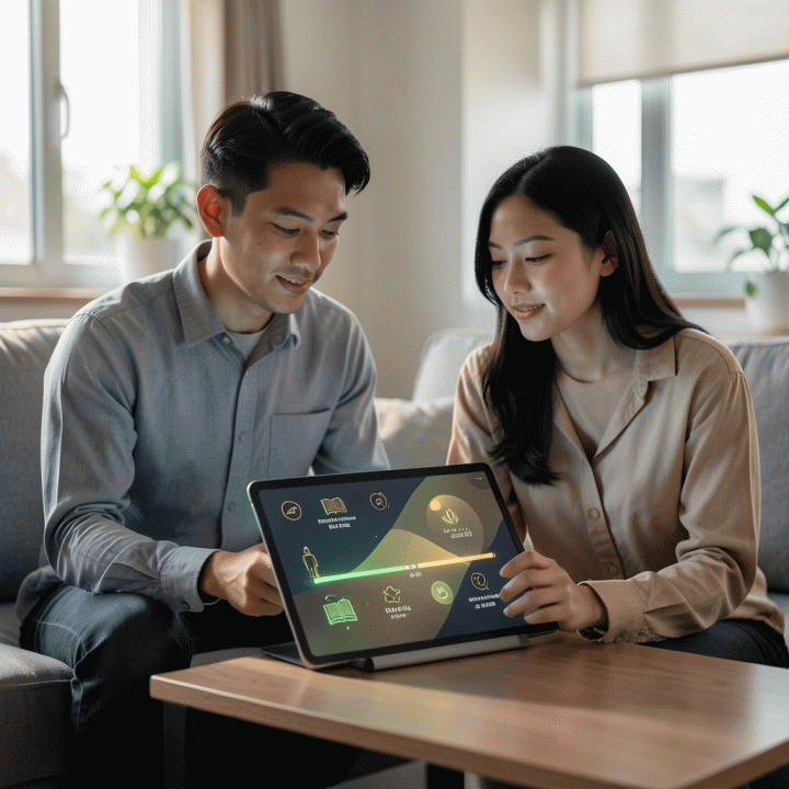 Pasangan muda Muslim Indonesia yang melihat dan berinteraksi dengan antarmuka aplikasi pelacak ibadah spiritual di tablet, menunjukkan fokus dan konsistensi.