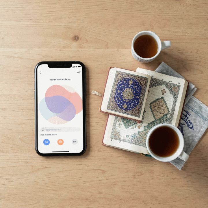 Tata letak minimalis (flat lay) yang menampilkan smartphone dengan aplikasi pelacak ibadah, di samping Al-Qur&rsquo;an, dan sajadah, melambangkan rutinitas spiritual yang terencana.