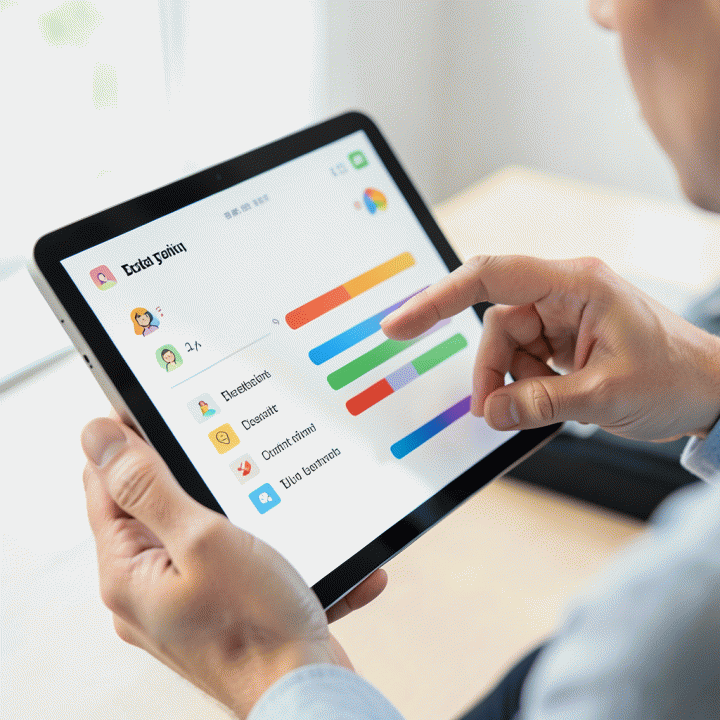 Tangan berinteraksi dengan tablet yang menampilkan dashboard manajemen budget pernikahan yang rapi dan terorganisir.