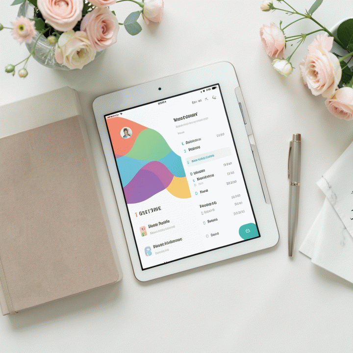 Tampilan atas meja kerja perencanaan pernikahan yang rapi, menampilkan tablet dengan daftar tamu dan perlengkapan perencanaan lainnya.