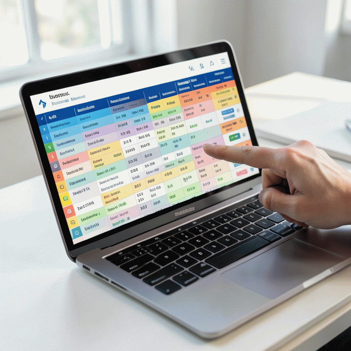Tampilan layar laptop menampilkan spreadsheet perencanaan perjalanan yang terorganisir dengan baik.