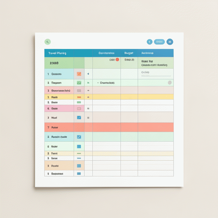 Tampilan tata letak spreadsheet yang dirancang untuk perencanaan perjalanan, menunjukkan organisasi anggaran dan jadwal.