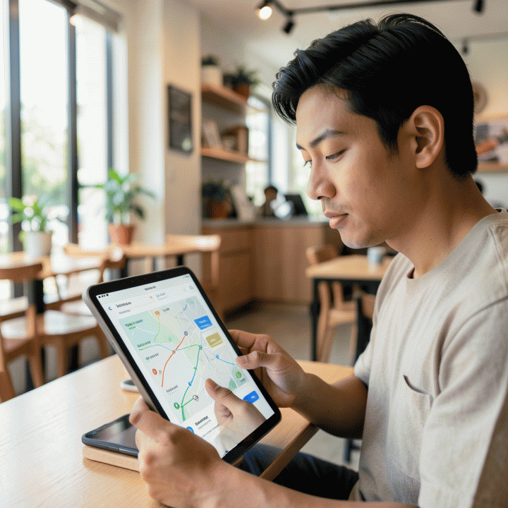 Seorang profesional muda Indonesia yang fokus dan santai menggunakan tablet di kafe modern, menunjukkan antarmuka perencanaan perjalanan yang bersih dan terorganisir.