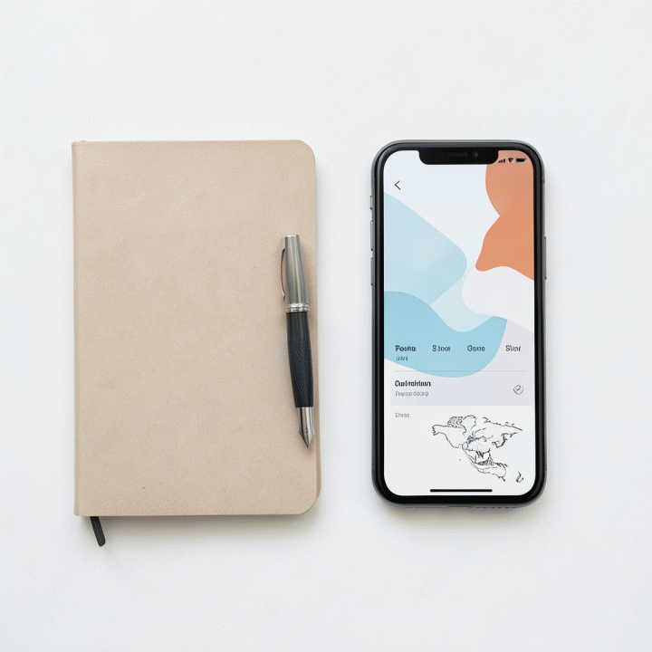 Foto flat lay alat perencanaan perjalanan minimalis: buku catatan, pena, smartphone, dan peta, menunjukkan manajemen waktu yang terorganisir.
