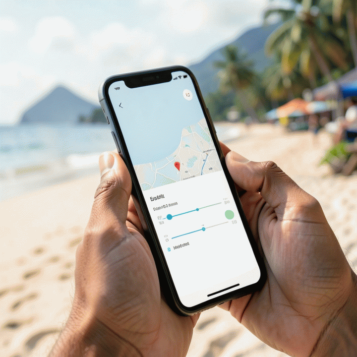 Tangan yang menggunakan smartphone untuk merencanakan perjalanan secara efisien, dengan latar belakang pemandangan tropis yang indah.