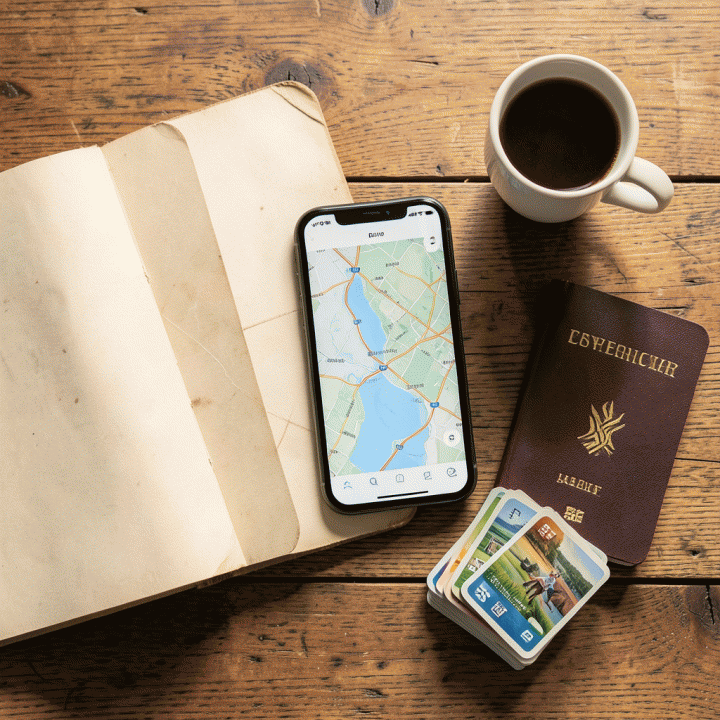 Komposisi flat lay yang rapi dan terorganisir, menampilkan alat-alat perencanaan perjalanan seperti jurnal, peta digital, dan paspor, melambangkan perencanaan liburan yang lengkap.