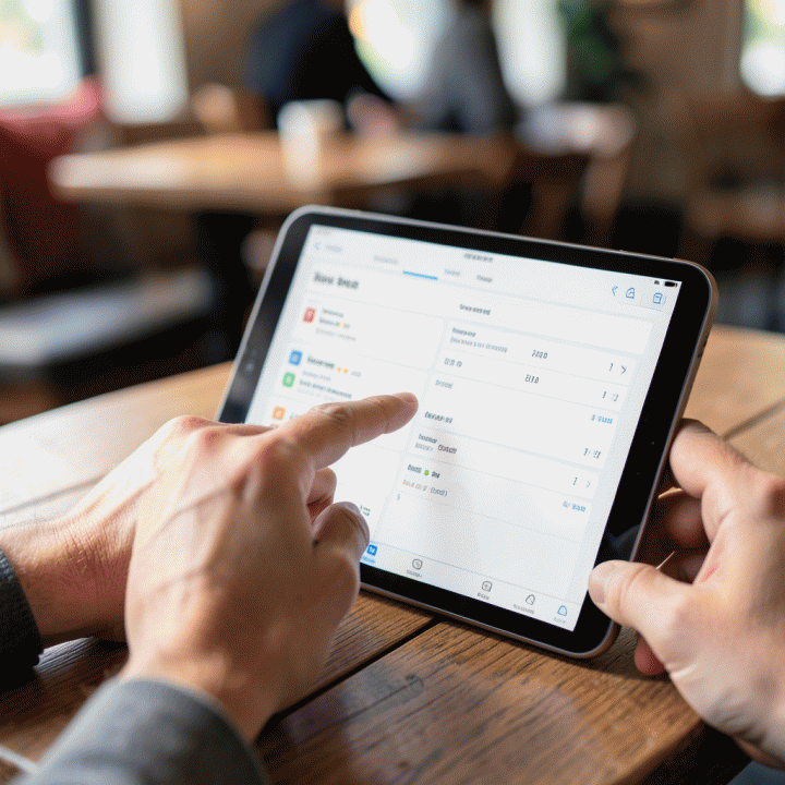 Tangan yang sedang menata atau meninjau jadwal perjalanan yang terorganisir di layar tablet, menunjukkan proses perencanaan yang mudah.