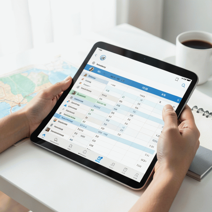 Visualisasi perencanaan perjalanan dan manajemen keuangan harian menggunakan aplikasi spreadsheet modern di tablet.