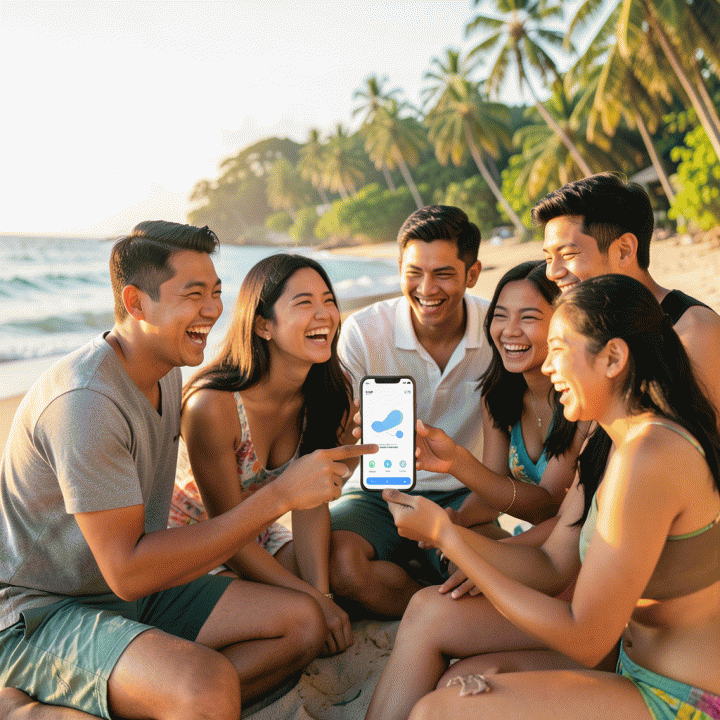 Grup teman Indonesia yang bahagia di pantai tropis, menggunakan aplikasi di smartphone untuk membagi biaya liburan secara transparan dan mudah.