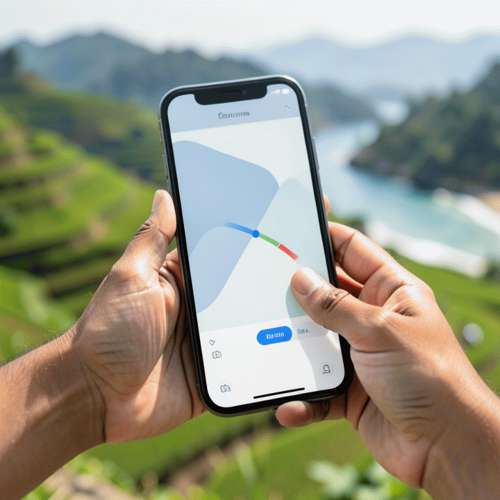 Tangan yang menggunakan aplikasi di smartphone untuk membagi biaya liburan grup secara transparan.