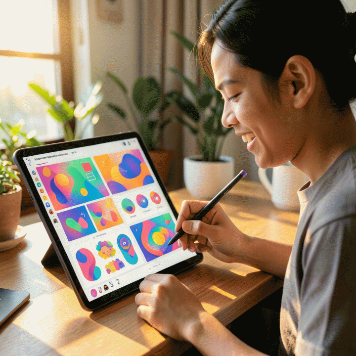 Content creator menggunakan tablet untuk mendesain kolase media sosial yang penuh warna menggunakan aset stiker digital.
