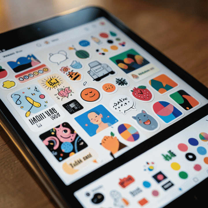 Tampilan close-up aset stiker digital tren yang disusun dalam kolase menarik di layar tablet.