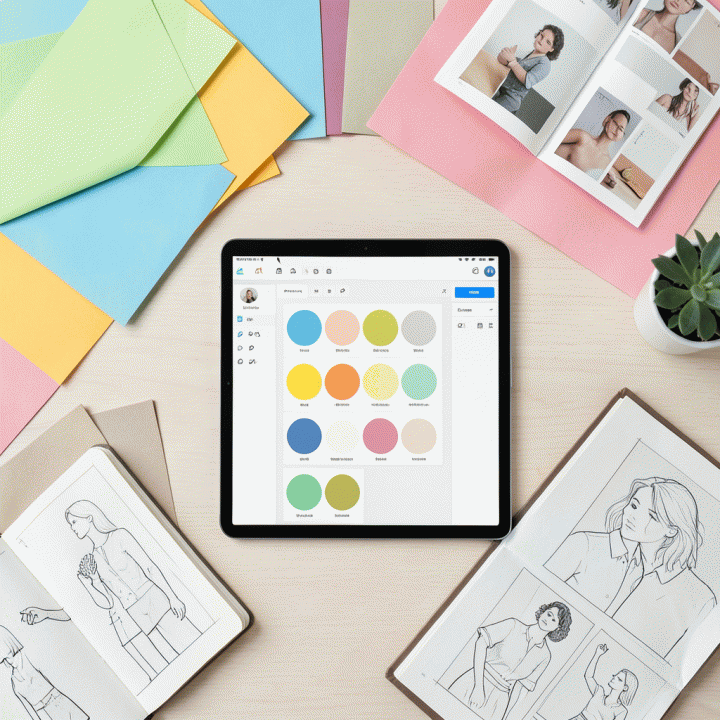 Penataan flat lay aset stiker digital dan fisik di atas meja kerja modern untuk inspirasi desain.