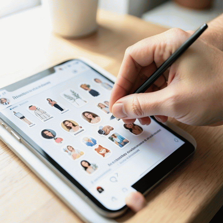 Hands arranging digital stickers on an Instagram feed mockup.