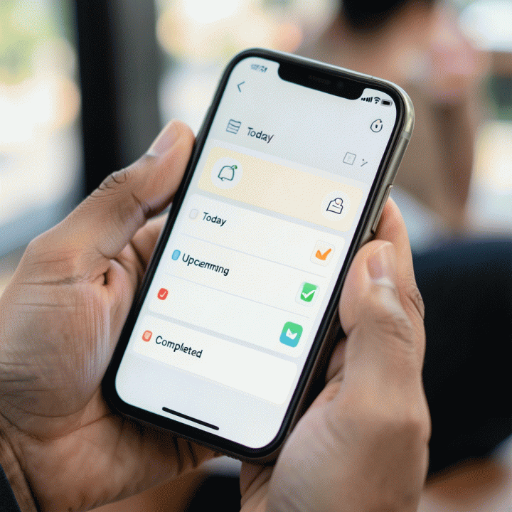 Tampilan close-up layar smartphone yang menampilkan aplikasi daftar tugas digital dengan antarmuka bersih dan terstruktur.