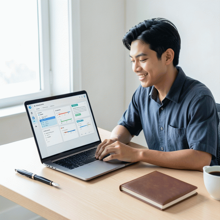Seorang profesional muda Indonesia yang fokus dan produktif menggunakan laptop dengan tampilan antarmuka daftar tugas digital yang terorganisir di meja kerja minimalis.