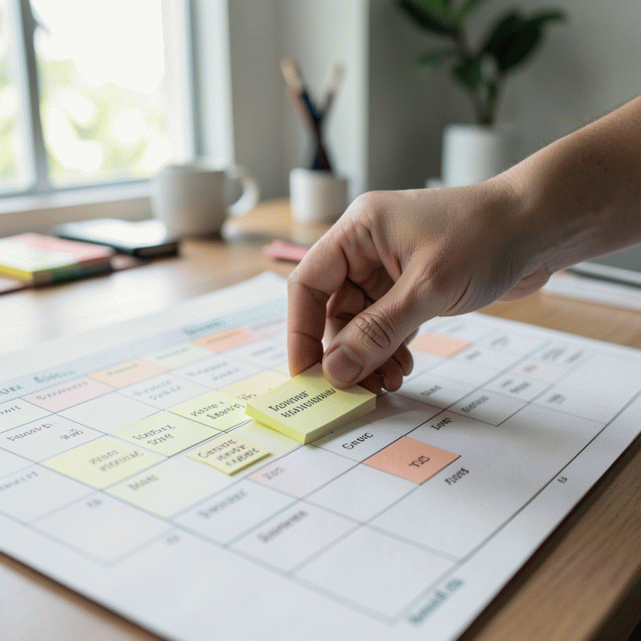 Tangan yang menata kartu tugas pada papan Kanban di atas meja kerja yang bersih, melambangkan manajemen proyek visual.