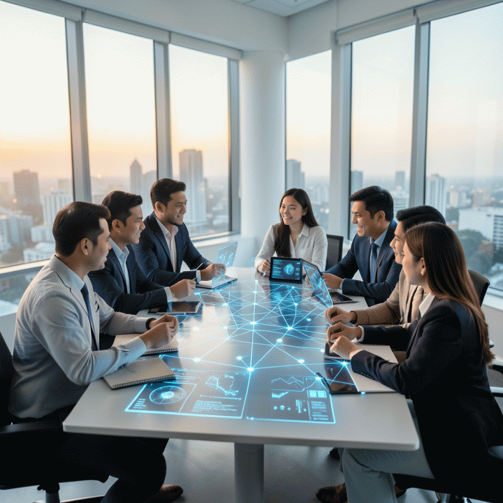Kelompok profesional Indonesia yang bersemangat bekerja sama di konferensi teknologi futuristik, dikelilingi oleh data holografik yang melambangkan tren inovasi AI dan perencanaan strategis masa depan.