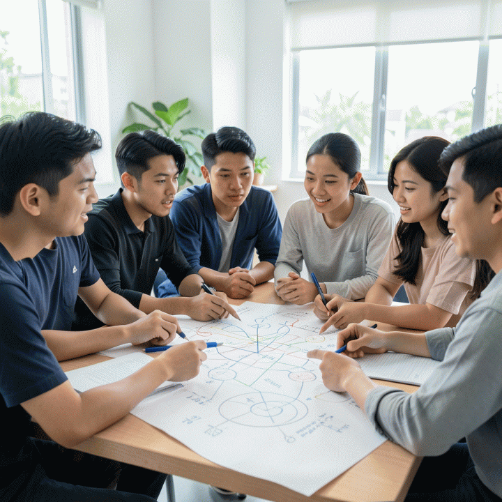 Kelompok mahasiswa Indonesia yang sedang berdiskusi intensif di meja belajar modern, melambangkan proses asesmen diri dan peningkatan kesadaran belajar (metakognisi).