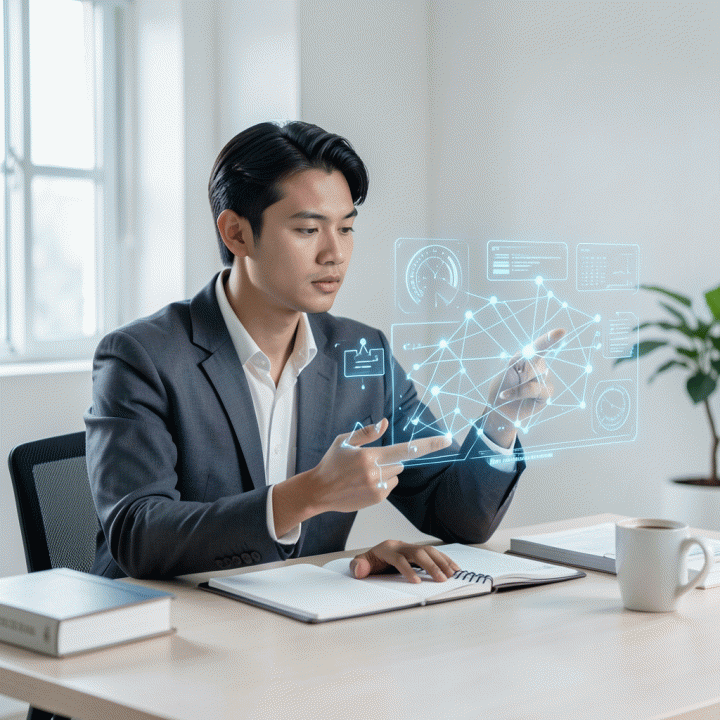 Seorang profesional muda Indonesia sedang fokus menatap antarmuka digital holografik yang menampilkan pola dan puzzle logika, melambangkan asesmen IQ dan pengembangan potensi diri.