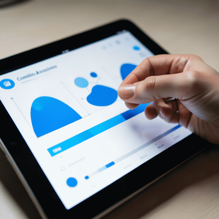 Hand interacting with a tablet showing an interactive cognitive assessment interface.