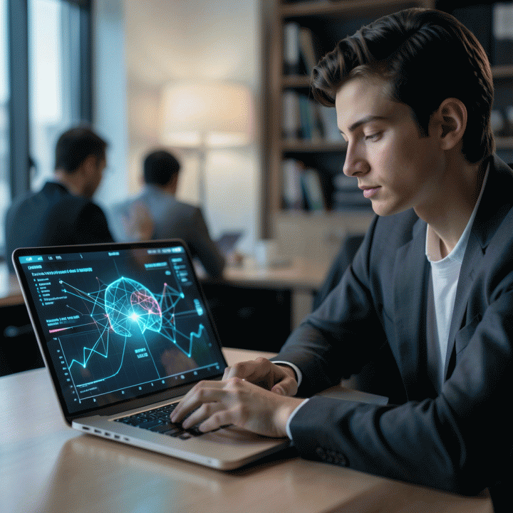 A young professional student confidently using a digital interface to assess cognitive abilities for career planning.
