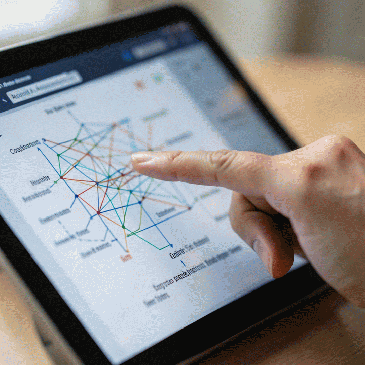 Tangan yang menunjuk pada peta pikiran abstrak yang kompleks di layar tablet, berfokus pada jalur dan koneksi logis, melambangkan penilaian kognitif dan pemikiran analitis.