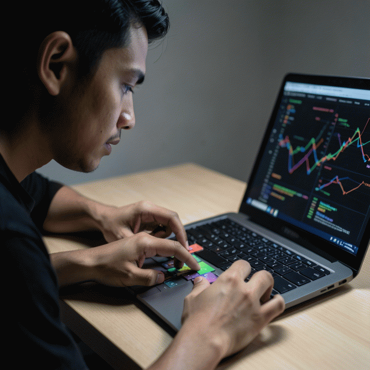 Close-up tangan dan wajah seorang profesional muda yang sedang berpikir keras memecahkan masalah kognitif di depan layar digital abstrak.
