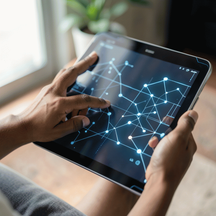 Tangan yang berinteraksi dengan tablet digital yang menampilkan pola puzzle kognitif abstrak, menunjukkan proses asesmen.