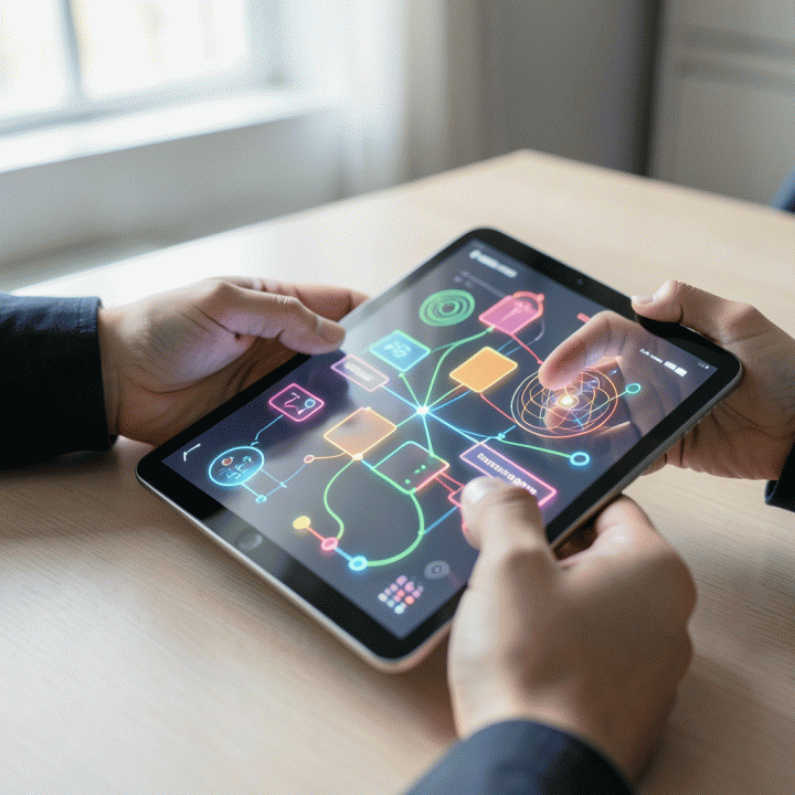 Pandangan dekat tangan yang berinteraksi dengan tablet berisi visualisasi puzzle dan pola kognitif abstrak, melambangkan asesmen potensi.
