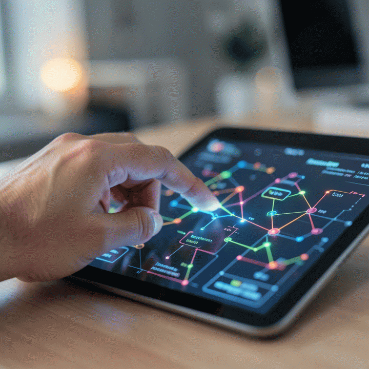 Tangan profesional yang sedang berinteraksi dengan antarmuka digital abstrak berisi puzzle logika pada tablet, melambangkan asesmen kognitif.