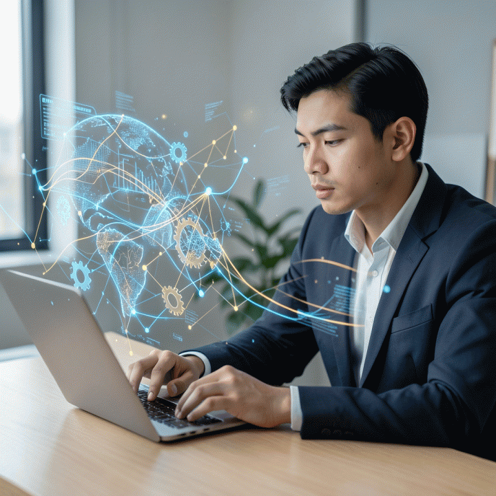 Seorang profesional muda Indonesia sedang fokus menganalisis data kognitif dan potensi diri pada antarmuka digital yang modern, melambangkan asesmen karir.